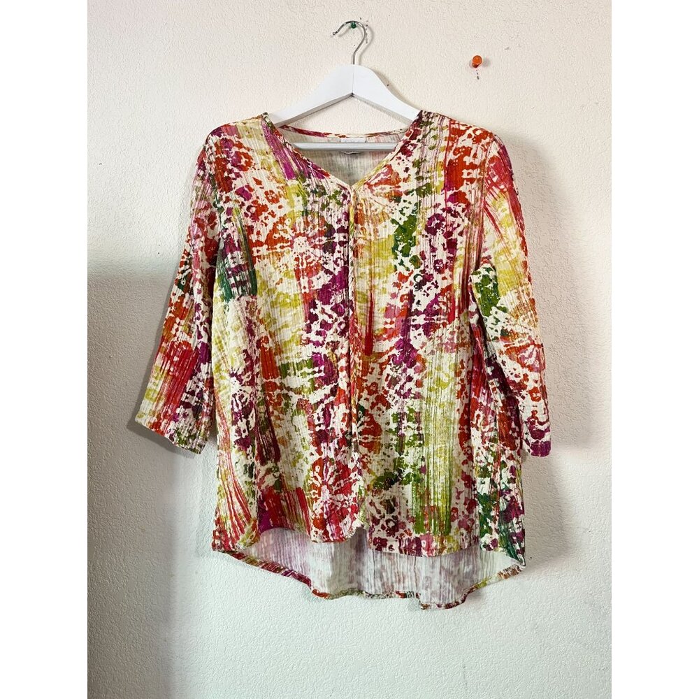 Color Me Cotton Womens Multicolor Abstract Crinkle Tunic Top XL 3/4 Sleeve Boho